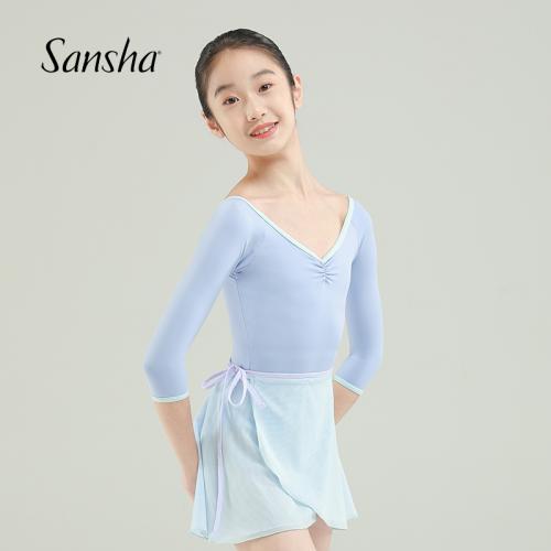 sansha 三沙少女舞蹈服 芭蕾舞圓領(lǐng)練功服七分袖撞色連體服秋冬