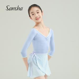 sansha 三沙少女舞蹈服 芭蕾舞圓領(lǐng)練功服七分袖撞色連體服秋冬