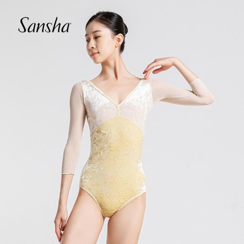  sansha 三沙舞蹈服 鉆石絨網(wǎng)紗芭蕾舞服女七分袖練功服舞蹈連體服50BB1088