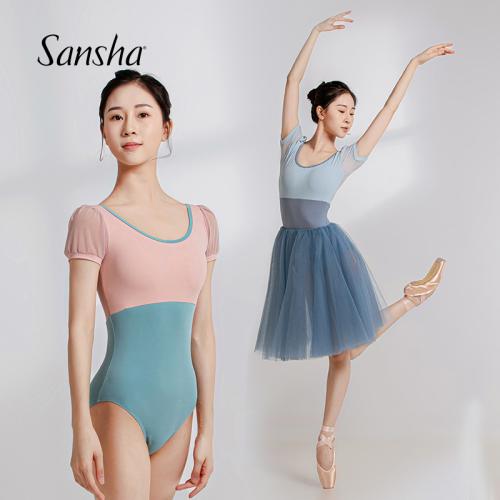 sansha 三沙舞蹈服女 短袖大圓領(lǐng)連體服芭蕾舞練功服形體服網(wǎng)紗裙