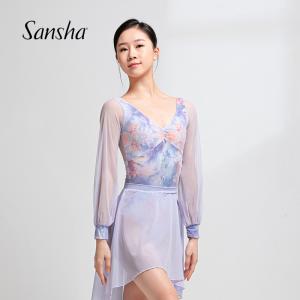 sansha 三沙芭蕾舞服女 V領(lǐng)印花舞蹈連體服燈籠袖空中瑜伽練功服